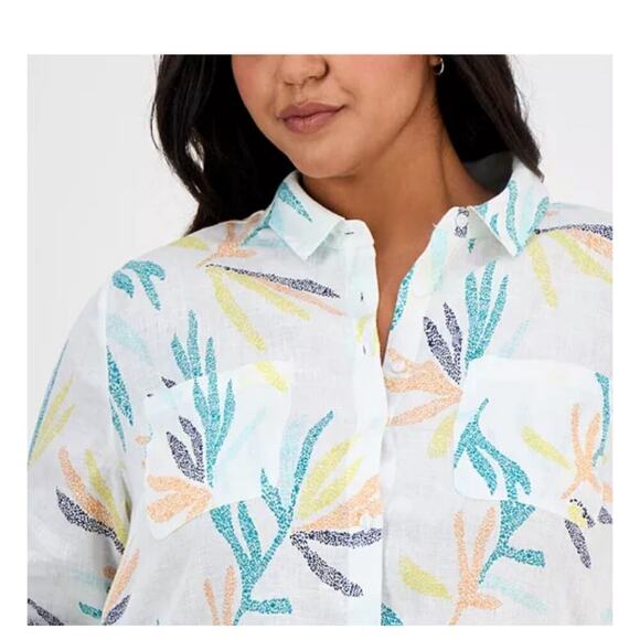 Charter Club Luxury 100% Linen Tropical Print Button Down Blouse Size XL - Picture 2 of 7